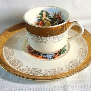 Crest O Gold by Sabin "Courting Couple" Tea Cup and Saucer, 22K Warranted Gold
